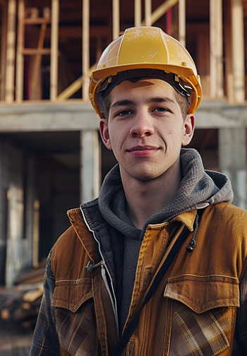 Portrait of a young carpenter in a helmet at the construction site of modular houses