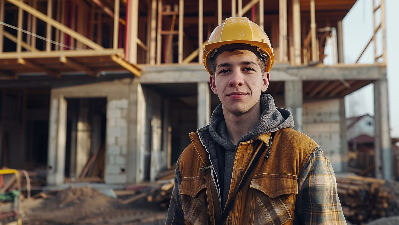 Portrait of a young carpenter in a helmet at the construction site of modular houses