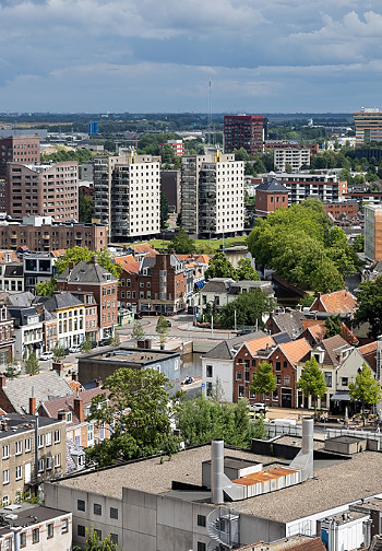 Skyline with aerial view rooftops and modern buildings residential area downtown Dutch medieval city Groningen