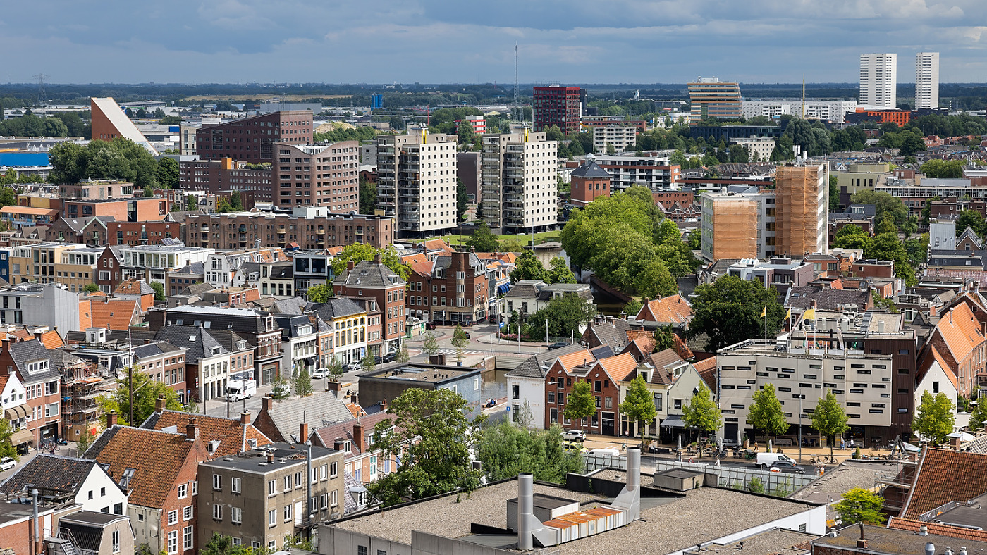 Skyline with aerial view rooftops and modern buildings residential area downtown Dutch medieval city Groningen