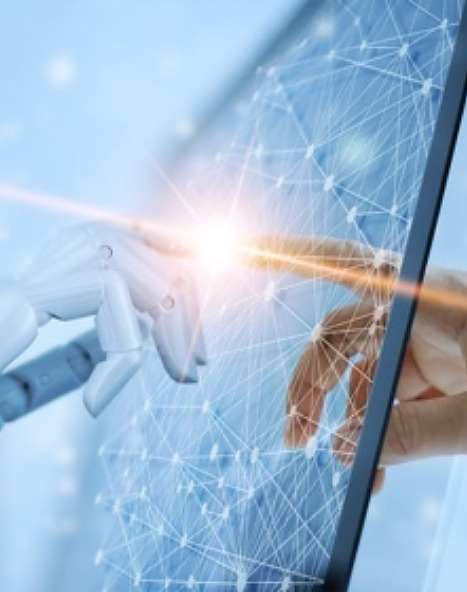 Hands of robot and human touching on global virtual network connection future interface. Artificial intelligence technology concept. (Hands of robot and human touching on global virtual network connection future interface. Artificial intelligence tec