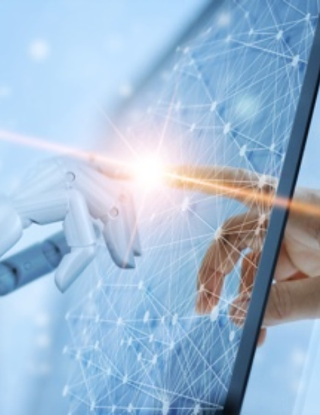 Hands of robot and human touching on global virtual network connection future interface. Artificial intelligence technology concept. (Hands of robot and human touching on global virtual network connection future interface. Artificial intelligence tec