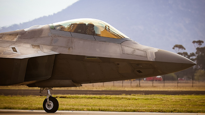 MELBOURNE, AUSTRALIA - MARCH 29: A Lockheed F-22 Raptor performs at Avalon Airport on March 29, 2025 in Melbourne, Australia.