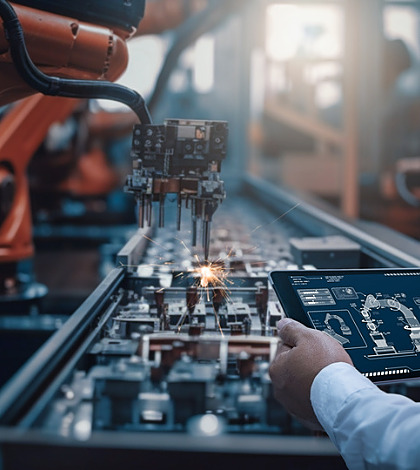 Engineers test the control of robot arm, Intelligent machine in factory industrial on real-time monitoring system software. Robots weld workpieces and produce industrial parts to reduce human labor.